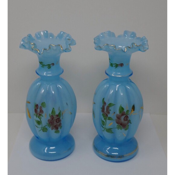 Fenton Melon Hand Painted Floral Blue Glass Vases Gold Trim - Picture 5 of 13